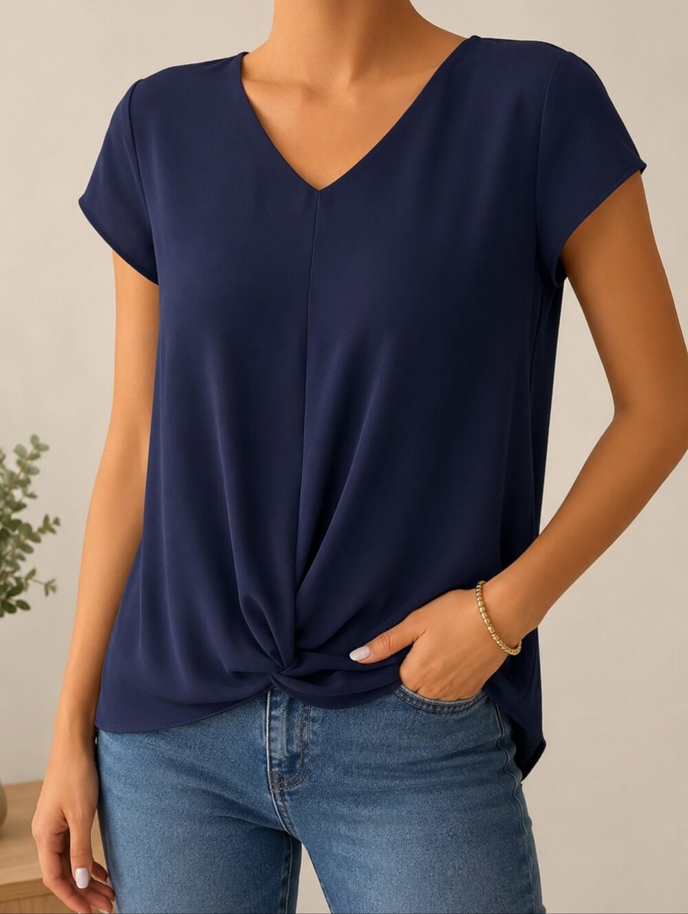 Monteau Size L Navy Twist Front V Neck Blouse Short Sleeve Hi Low Hem Clsssic